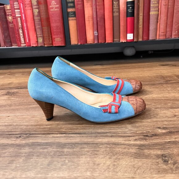 Moneta Blu Anthro Retro Blue Suede Heels Rockabilly 8 - Picture 7 of 15